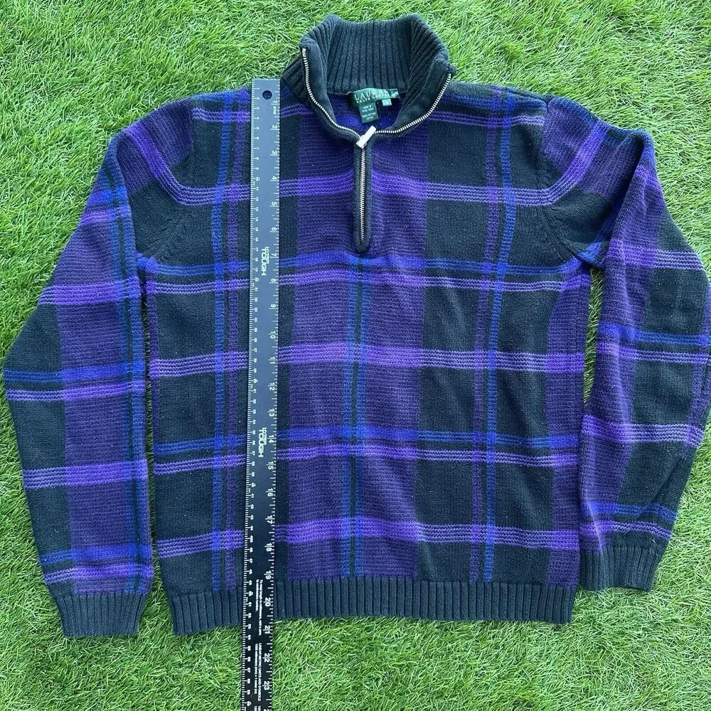 Lauren Ralph Lauren Sweater Womens Size Medium Purple Black Mock‎ Neck 1/4 Zip